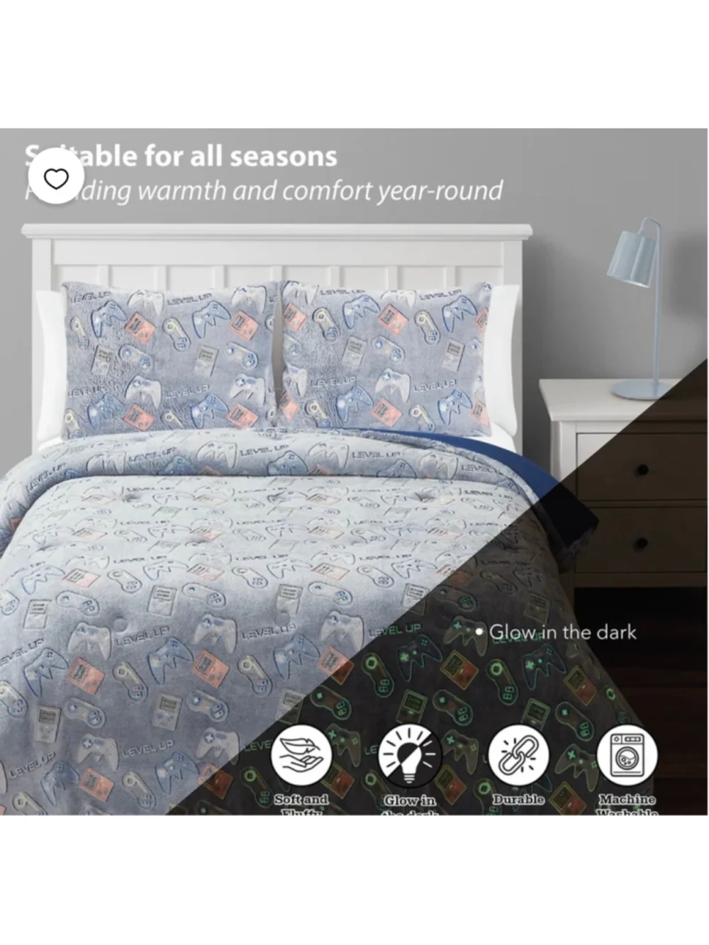 NEW Gamer Comforter Set Full Blue Grey Glow-in-the-Dark